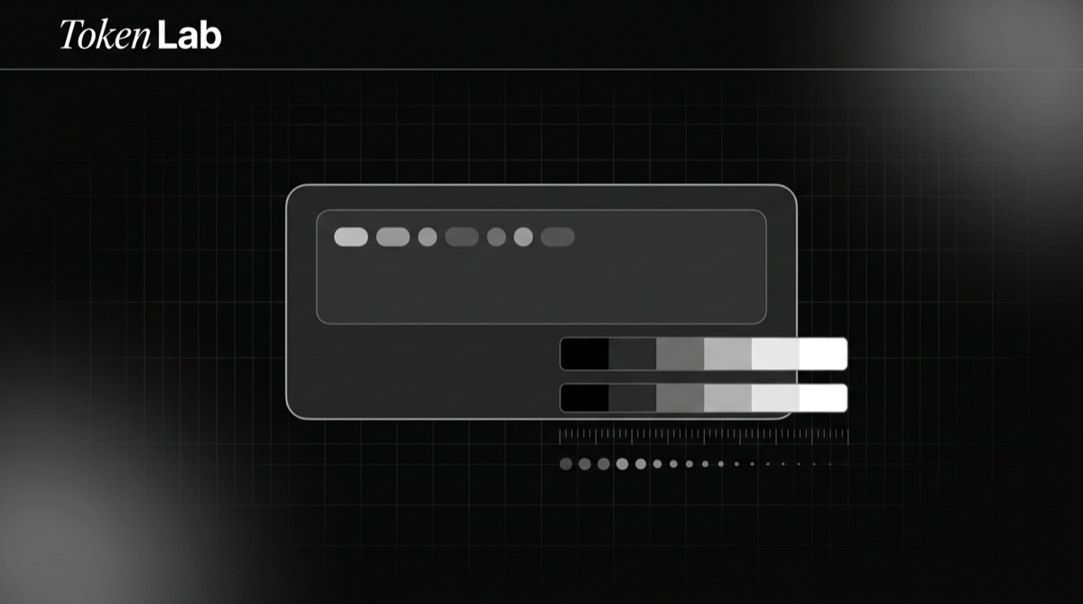 TokenLab preview: black and gray interface mockup with serif italic Token and bold sans Lab wordmark, token strips and input card